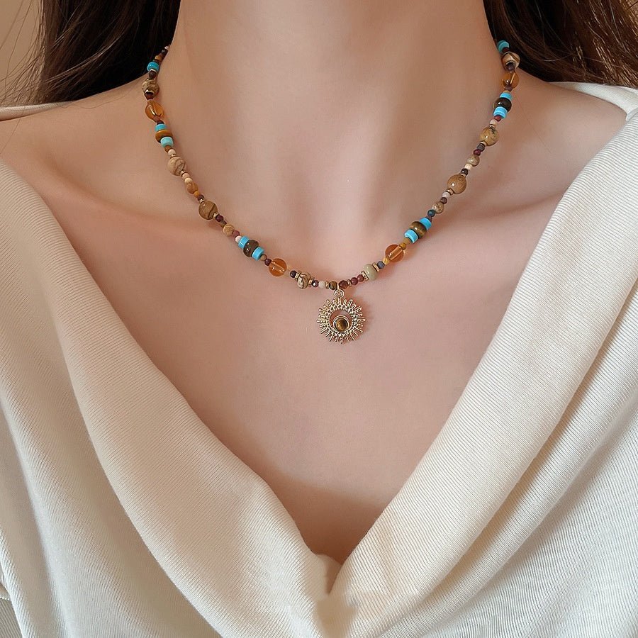 Titanium Steel Natural Stone Rice Bead Sunflower Bead Necklace - Zambeel