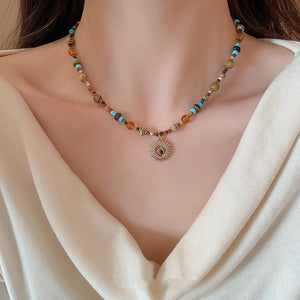 Titanium Steel Natural Stone Rice Bead Sunflower Bead Necklace - Zambeel