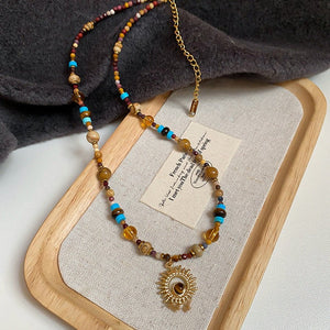 Titanium Steel Natural Stone Rice Bead Sunflower Bead Necklace - Zambeel