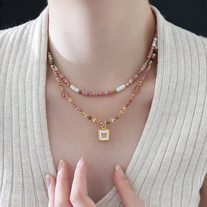 Titanium Steel Oil - drip Red Agate Bead Necklace - Zambeel
