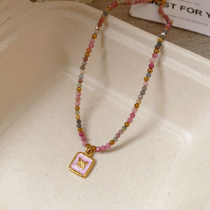 Titanium Steel Oil - drip Red Agate Bead Necklace - Zambeel