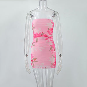 Tube Top Printed Slim Fit Pleated Double Layer Dress - Zambeel