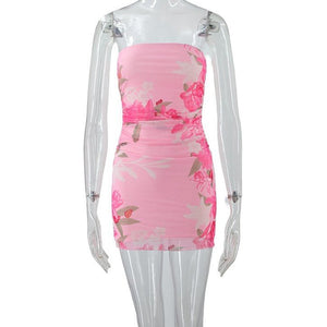 Tube Top Printed Slim Fit Pleated Double Layer Dress - Zambeel