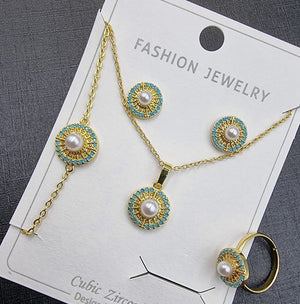 Turquoise & Pearl Round Jewelry Set - Zambeel