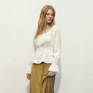 U - neck Puffed - sleeve Pullover Shirt - Zambeel