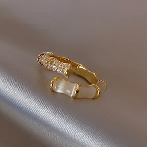 Unisex Alloy Geometric Bamboo Joint Ring, Cat's Eye Stone Open Adjustable Jewelry - Zambeel