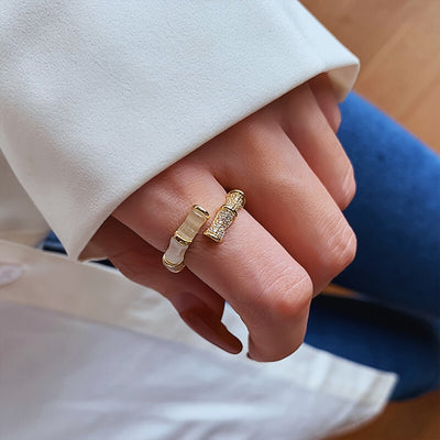 Unisex Alloy Geometric Bamboo Joint Ring, Cat's Eye Stone Open Adjustable Jewelry - Zambeel