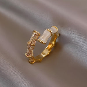 Unisex Alloy Geometric Bamboo Joint Ring, Cat's Eye Stone Open Adjustable Jewelry - Zambeel