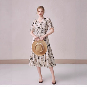 V - neck Puffed - sleeve Floral - print Midi Dress - Zambeel