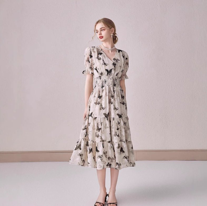 V - neck Puffed - sleeve Floral - print Midi Dress - Zambeel