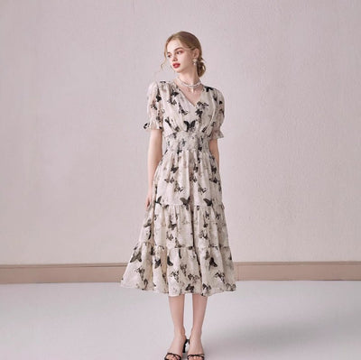 V - neck Puffed - sleeve Floral - print Midi Dress - Zambeel