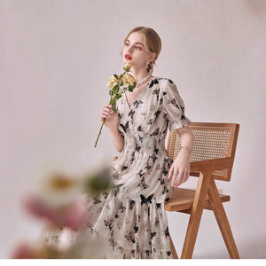 V - neck Puffed - sleeve Floral - print Midi Dress - Zambeel