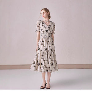 V - neck Puffed - sleeve Floral - print Midi Dress - Zambeel