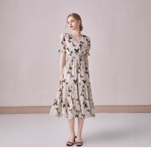 V - neck Puffed - sleeve Floral - print Midi Dress - Zambeel