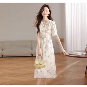 V - neck Puffed - sleeve Patchwork Printed Midi Dress - Zambeel