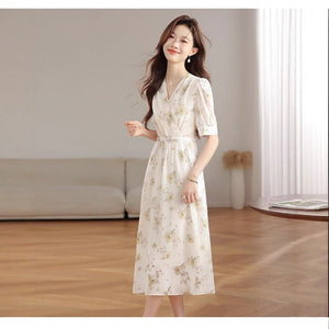 V - neck Puffed - sleeve Patchwork Printed Midi Dress - Zambeel