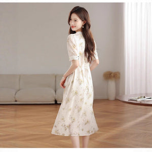 V - neck Puffed - sleeve Patchwork Printed Midi Dress - Zambeel