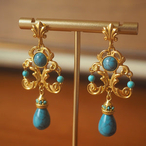 Vintage Palace Style Turquoise Earrings - Handcrafted Floral Carved Drop Earrings - Zambeel