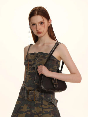Vintage Vegetable Tanned Brushed Distressed Leather Pin Buckle Shoulder Bag - Zambeel