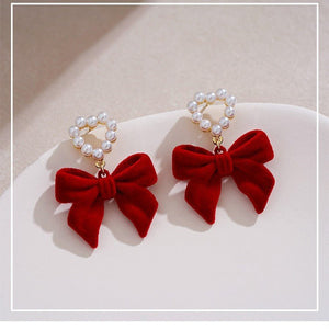 Wine - Red Flocked Bow Earrings For Women - Zambeel