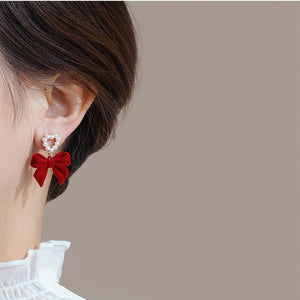 Wine - Red Flocked Bow Earrings For Women - Zambeel