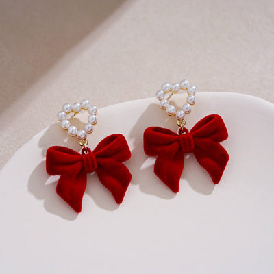 Wine - Red Flocked Bow Earrings For Women - Zambeel