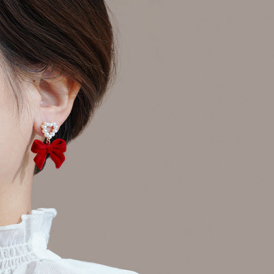 Wine - Red Flocked Bow Earrings For Women - Zambeel