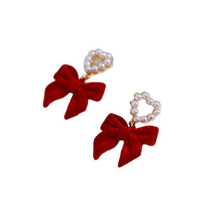 Wine - Red Flocked Bow Earrings For Women - Zambeel