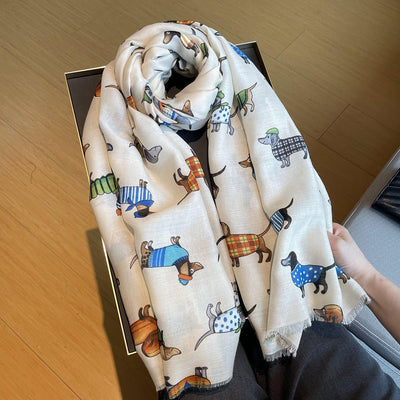 Women's Artistic Travel Shawl Dog Pattern Warm Long Scarf - Zambeel