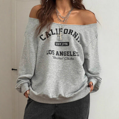 Women's Asymmetrical T-shirt With Slanted Shoulder Printed Letters And Pattern - Zambeel