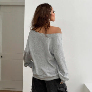 Women's Asymmetrical T-shirt With Slanted Shoulder Printed Letters And Pattern - Zambeel