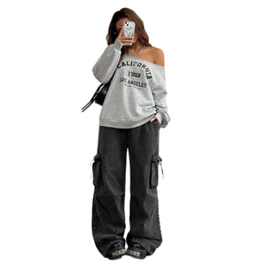 Women's Asymmetrical T-shirt With Slanted Shoulder Printed Letters And Pattern - Zambeel