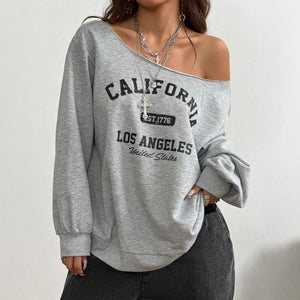 Women's Asymmetrical T-shirt With Slanted Shoulder Printed Letters And Pattern - Zambeel