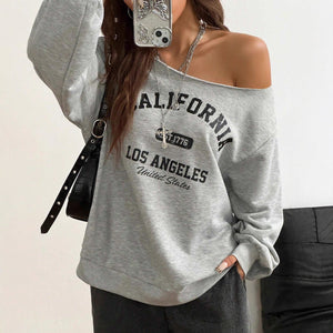 Women's Asymmetrical T-shirt With Slanted Shoulder Printed Letters And Pattern - Zambeel