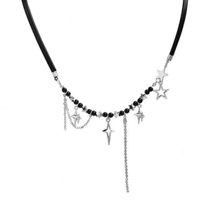 Womens Black Four - Point Star Beaded Necklace - Zambeel