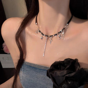 Womens Black Four - Point Star Beaded Necklace - Zambeel