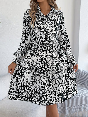 Women's Casual Loose - Fit Color - Blocked Leopard Print Long Sleeve Shirt Dress - Zambeel