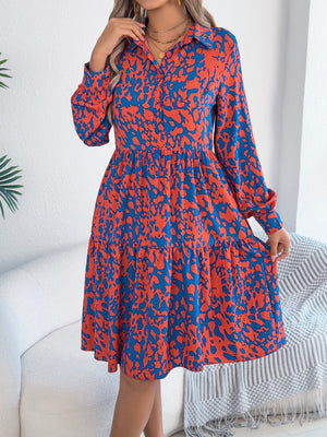 Women's Casual Loose - Fit Color - Blocked Leopard Print Long Sleeve Shirt Dress - Zambeel
