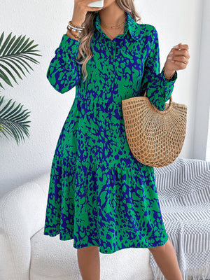 Women's Casual Loose - Fit Color - Blocked Leopard Print Long Sleeve Shirt Dress - Zambeel