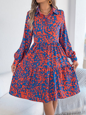 Women's Casual Loose - Fit Color - Blocked Leopard Print Long Sleeve Shirt Dress - Zambeel