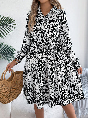 Women's Casual Loose - Fit Color - Blocked Leopard Print Long Sleeve Shirt Dress - Zambeel