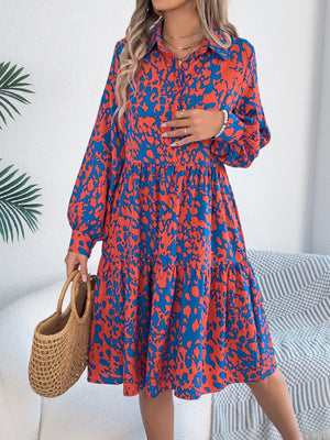 Women's Casual Loose - Fit Color - Blocked Leopard Print Long Sleeve Shirt Dress - Zambeel