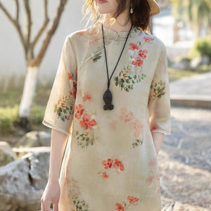 Women's Cotton And Linen Improved Qipao Dress With Stand Collar - Zambeel