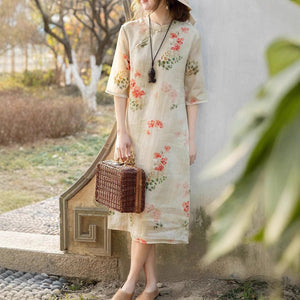 Women's Cotton And Linen Improved Qipao Dress With Stand Collar - Zambeel
