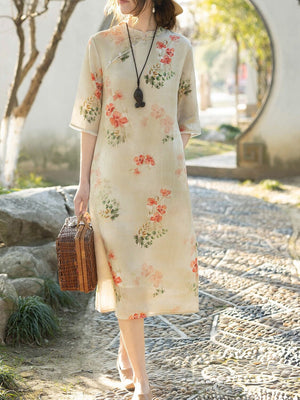 Women's Cotton And Linen Improved Qipao Dress With Stand Collar - Zambeel