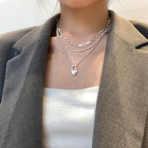 Women's Double - Layer Chain Heart - Shape Lock Necklace S925 Sterling Silver - Zambeel