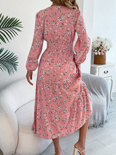 Women's Elegant Floral V - Neck Long Sleeve Waist - Defined Hem Ruffle A - Line Dress - Zambeel