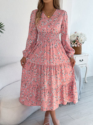 Women's Elegant Floral V - Neck Long Sleeve Waist - Defined Hem Ruffle A - Line Dress - Zambeel