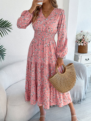 Women's Elegant Floral V - Neck Long Sleeve Waist - Defined Hem Ruffle A - Line Dress - Zambeel