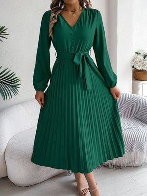 Women's Elegant V - Neck Button Tie - Waist Flared Pleated Maxi Dress - Zambeel